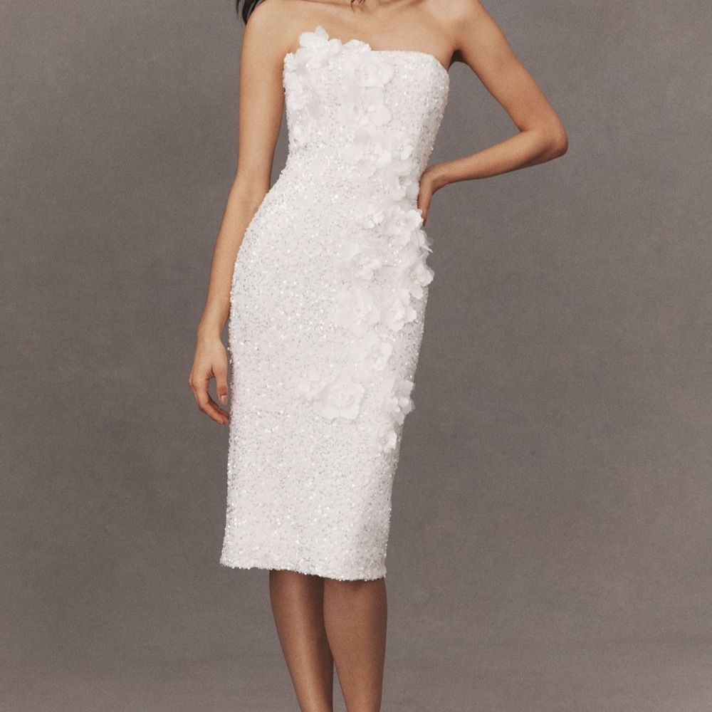 Helsi Liliana Strapless Floral Appliqué Stretch Mini Squin Midi Dress